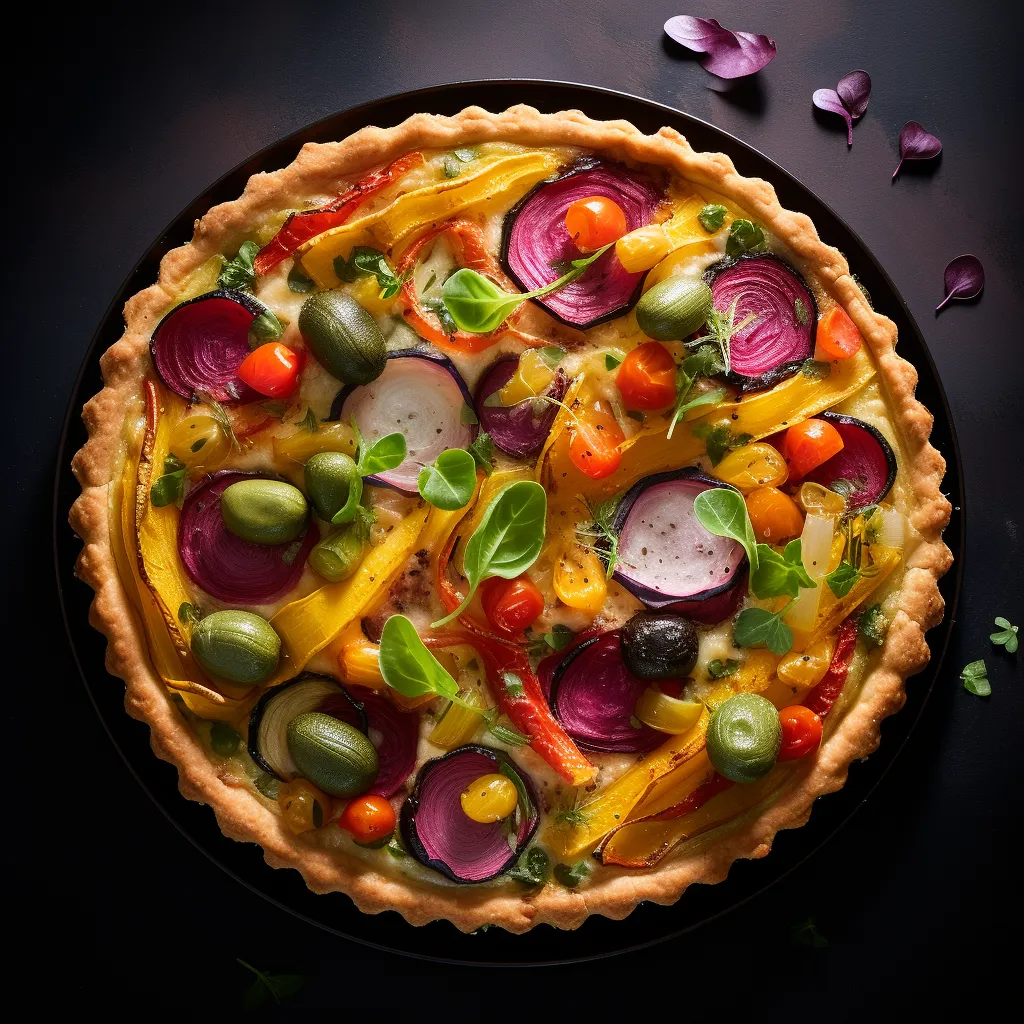 A colorful tart with a flaky crust, topped with vibrant spring vegetables.