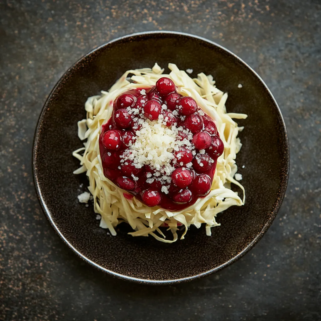 From above, the dessert reveals a white chocolate circle nestled on a vibrant bed of winter berry compote. The rich reds of berries peek through the latticework of the ganache. The finely shredded cabbage adorns the top, an unexpected crown, while sugar crystals sparkle.