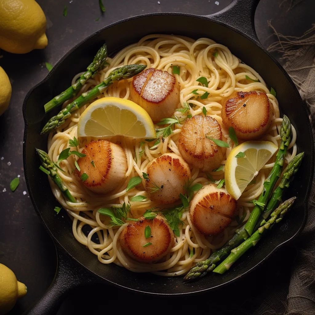 A plate of spaghetti topped with pan-seared scallops, blanched asparagus and lemony white wine sauce.