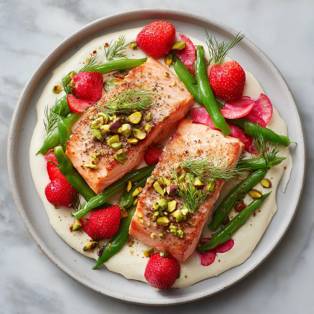 From above, a swoosh of pale white bean purée anchors two rosy salmon fillets, topped with fronds of dill and scattered crushed pistachios. Bright green charred snap peas arc around the fish, while glossy ruby strawberry slices and tiny pink onion ribbons add jewel-like contrast against a matte white plate.