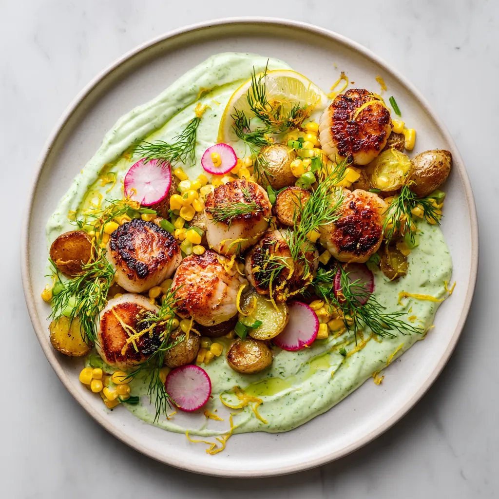 From above, a wide white platter shows a swoosh of pale green herbed buttermilk topped with golden-brown scallops, halved crispy new potatoes, charred corn kernels, pink radish slices, fresh dill fronds, chive batons, and lemon zest scattered for a bright, polished finish.
