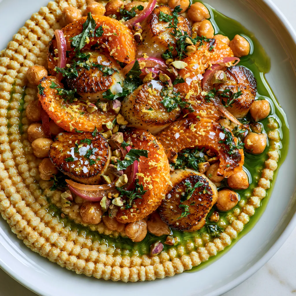 From above, a wide white plate shows a swoosh of pale golden crushed chickpeas topped with caramelized scallops, blistered apricot wedges, torn herbs, ruby onion slivers, chopped pistachios, and glossy green lemon thyme oil, finished with flaky salt and fine lemon zest.