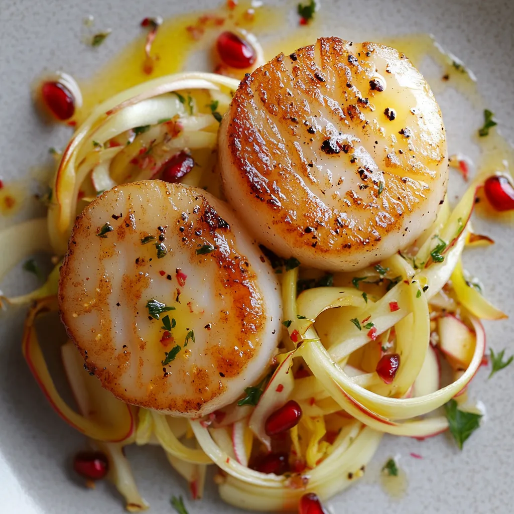 Two plump, golden-brown scallops sit perfectly seared, glistening, one atop another. They're garnished with a light drizzle of lemon-infused olive oil. Nestled beside them, a vibrant salad features thinly sliced, pale-yellow Belgian endive and curly ribbons of green apple. A few red pomegranate arils scattered about add a pop of festive color. Everything sits on a glossy, white ceramic plate.