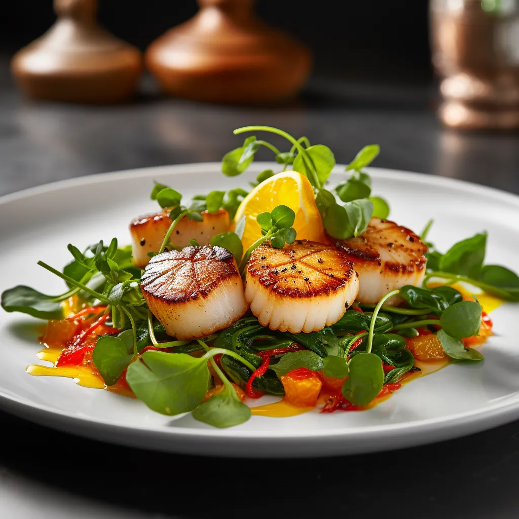 Encircling a large, white, round plate are 8 plump, golden seared scallops, arranged like a clock face. A mound of lush green watercress salad sits in the centre, brightened with morsels of fiery red roasted peppers and flecks of zesty orange segments. The plate is finished with a drizzle of glossy orange-hued vinaigrette.