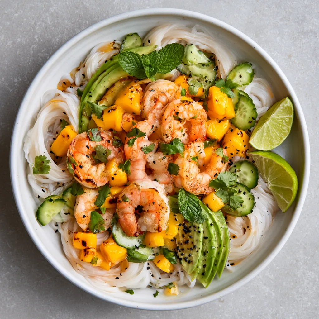 From above, a shallow white bowl swirled with glossy rice noodles, topped with coral-pink shrimp, jewel-like cubes of charred mango and cucumber, thin avocado fans, scattered cilantro and mint, black sesame specks, and bright lime wedges for a vibrant tropical contrast.