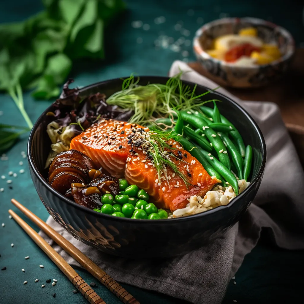A bed of roasted sweet potato and green beans, topped with perfectly cooked salmon coated in teriyaki sauce, sprinkled with sesame seeds and green onions.