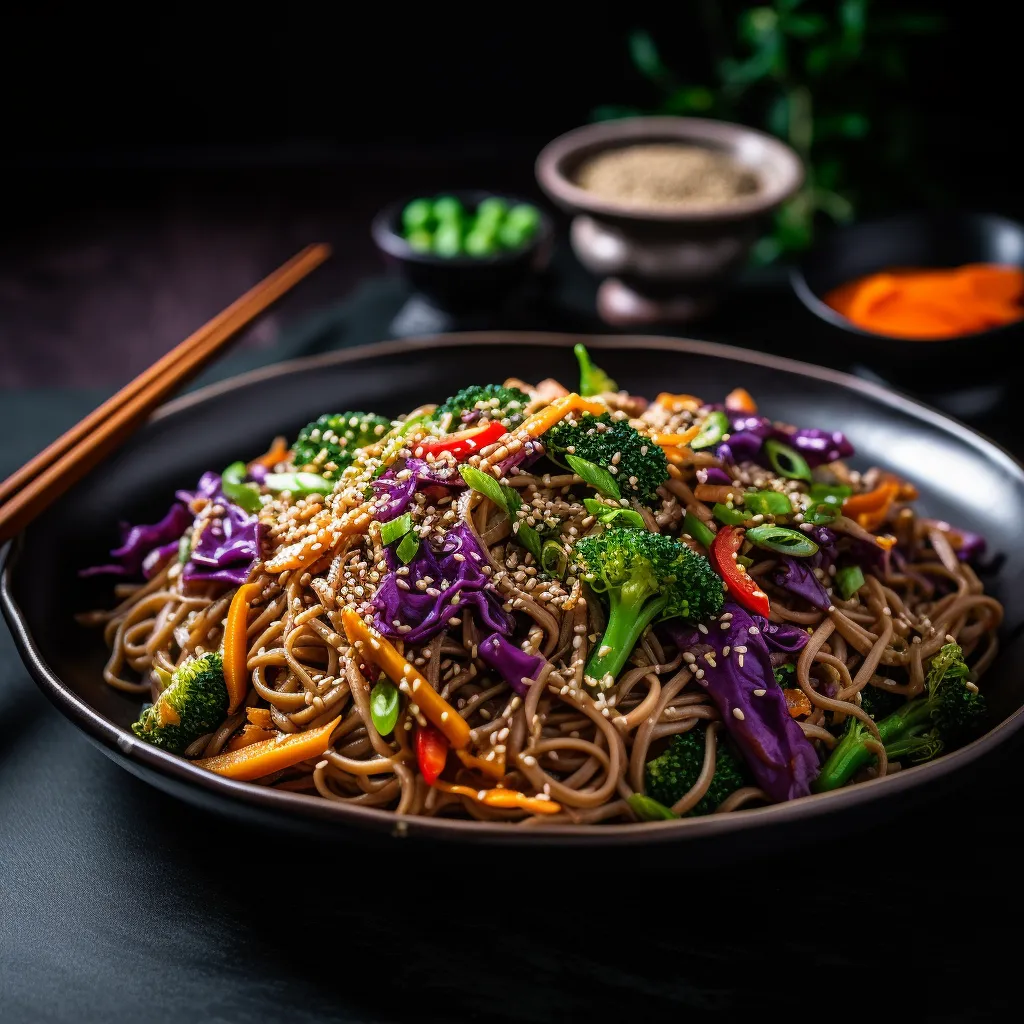 A pair of chopsticks lay diagonally across a bold, dark plate brimming with hues of bright purple cabbage, orange carrot, and crisp green broccoli atop a bed of hearty soba noodles. The dish is garnished with emerald-green chopped scallions and toasted sesame seeds, creating a visual feast.