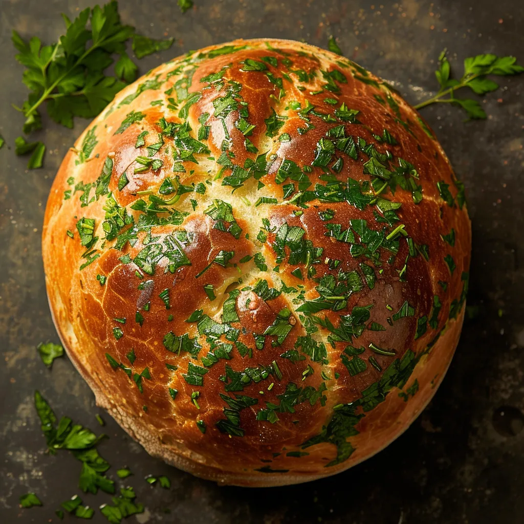 The bread loaf looks soft and bouncy, invitingly warm in a rich golden-brown color. The crust has a slight sheen indicating its perfect bake. The parsley leaves, sparingly yet artfully sprinkled on the loaf, deliver a vibrant dash of green that contrasts with the mellow bread hues. From above, the loaf appears to be a snapshot of an early morning sunrise, speckled with fresh green hints of spring.