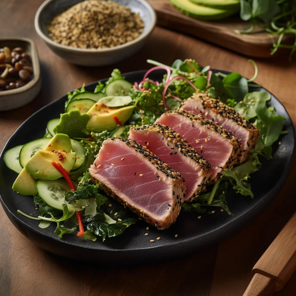 Two perfectly seared sesame crusted tuna steaks on top of a pile of vibrantly green and tangy wakame salad. The dish topped off with drizzles of sweet and sour ponzu dressing.