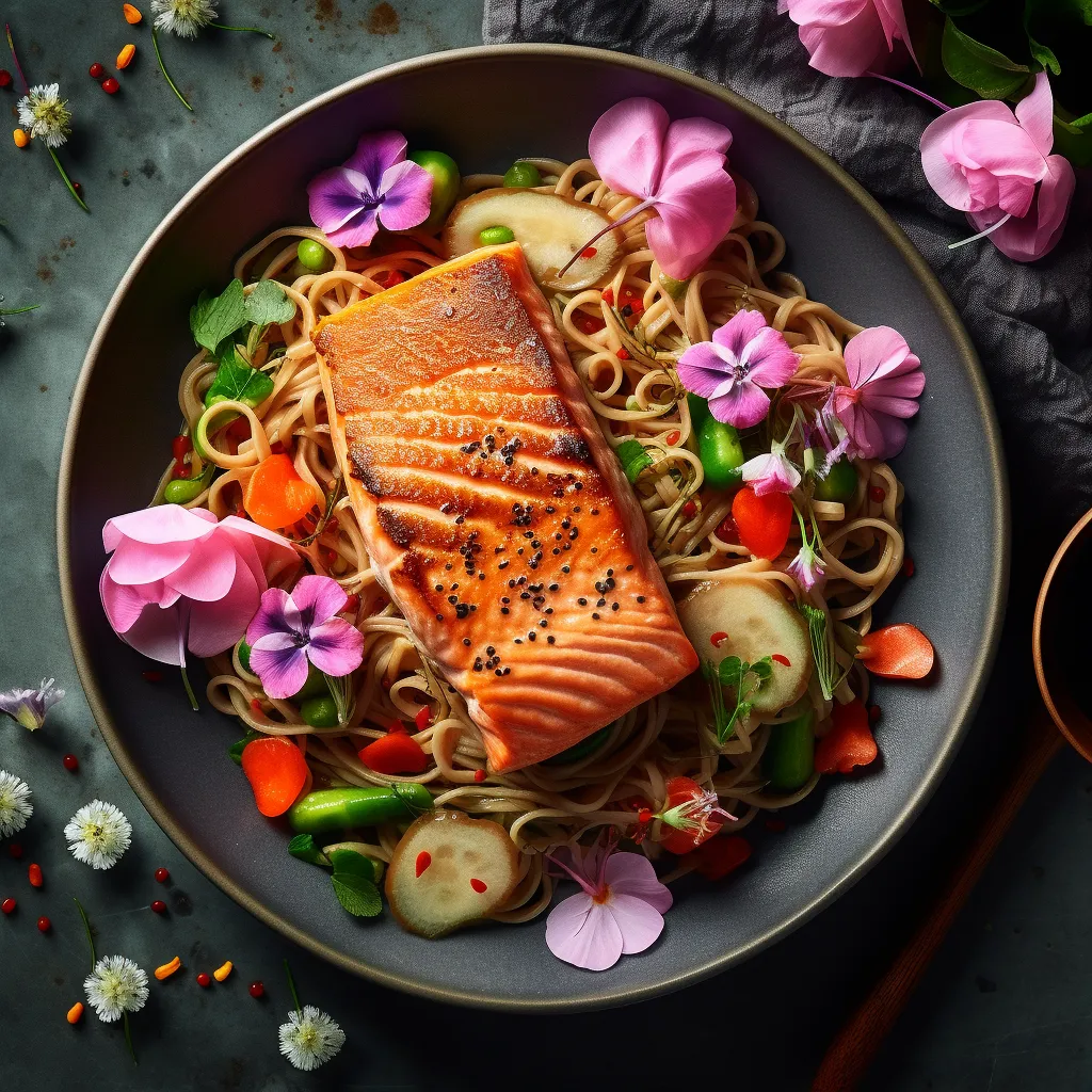 The dish consists of a bed of soba noodles, tossed in sesame-soy dressing, topped with seared salmon, fresh vegetables like cucumber and radish, and edible flowers for a pop of color.