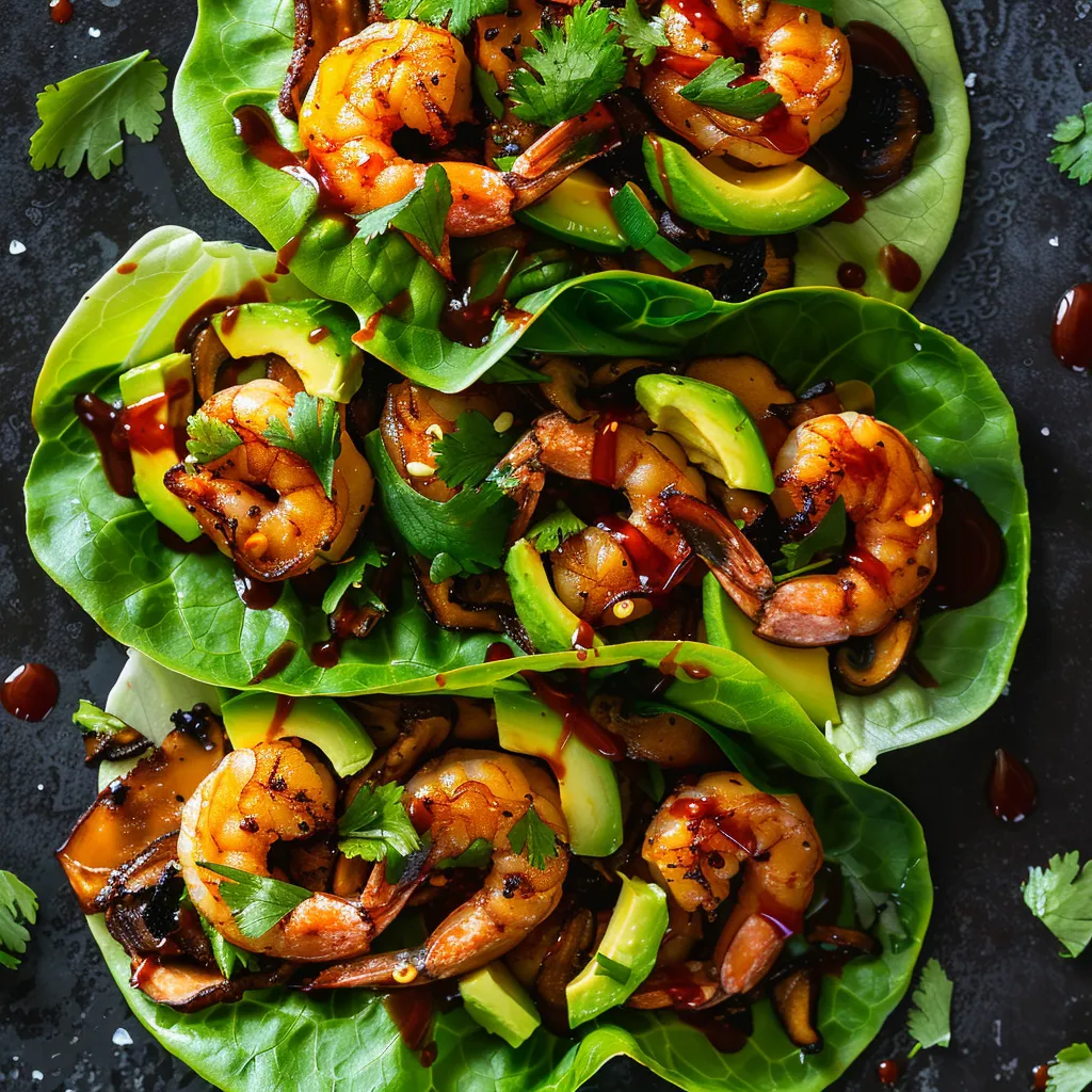 The dish appears vibrant with beautifully arranged soft, lettuce taco shells cradling a melange of juicy shrimp nestled on a bed of sautéed shiitake mushrooms and creamy diced avocados. The splashes of bright red from gochujang mayo drizzle and green from fresh herbs on top adds a fine colour contrast.
