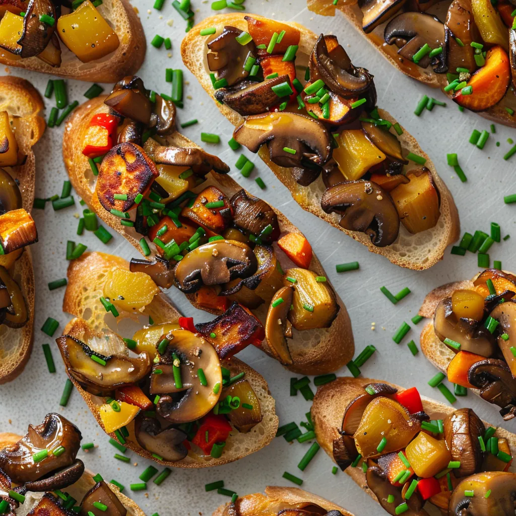 Top view reveals lightly toasted crostini pieces laden with golden shiitake mushroom slices intermingled with radiantly hued, oven-roasted root vegetables. Each piece is topped with a sprinkle of fresh green chives.