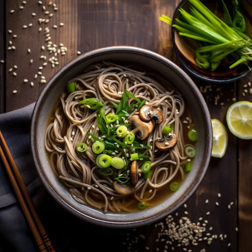 A bowl of soba noodles sitting in a warm ginger garlic broth, topped with shiitake mushrooms, sliced scallions and sesame seeds