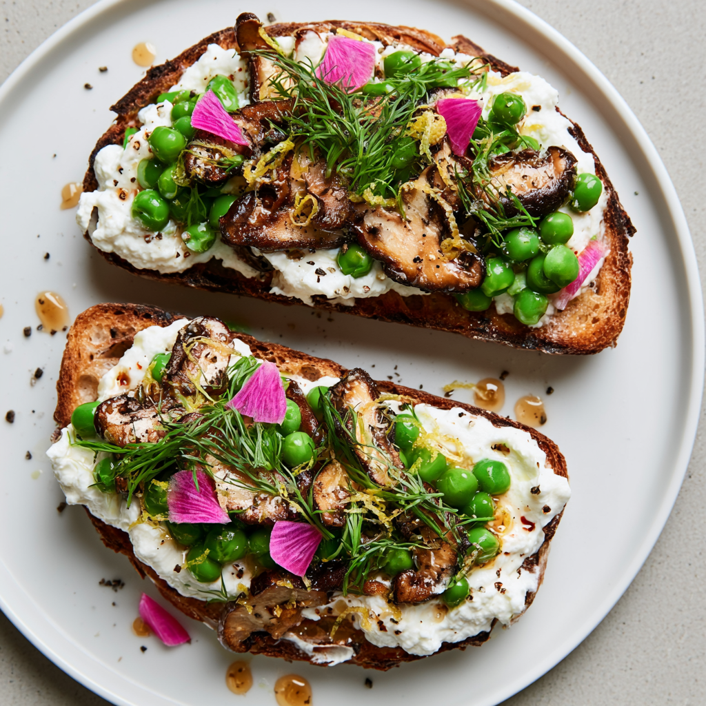 Shiitake Tartines with Whipped Chèvre, Peas & Tarragon