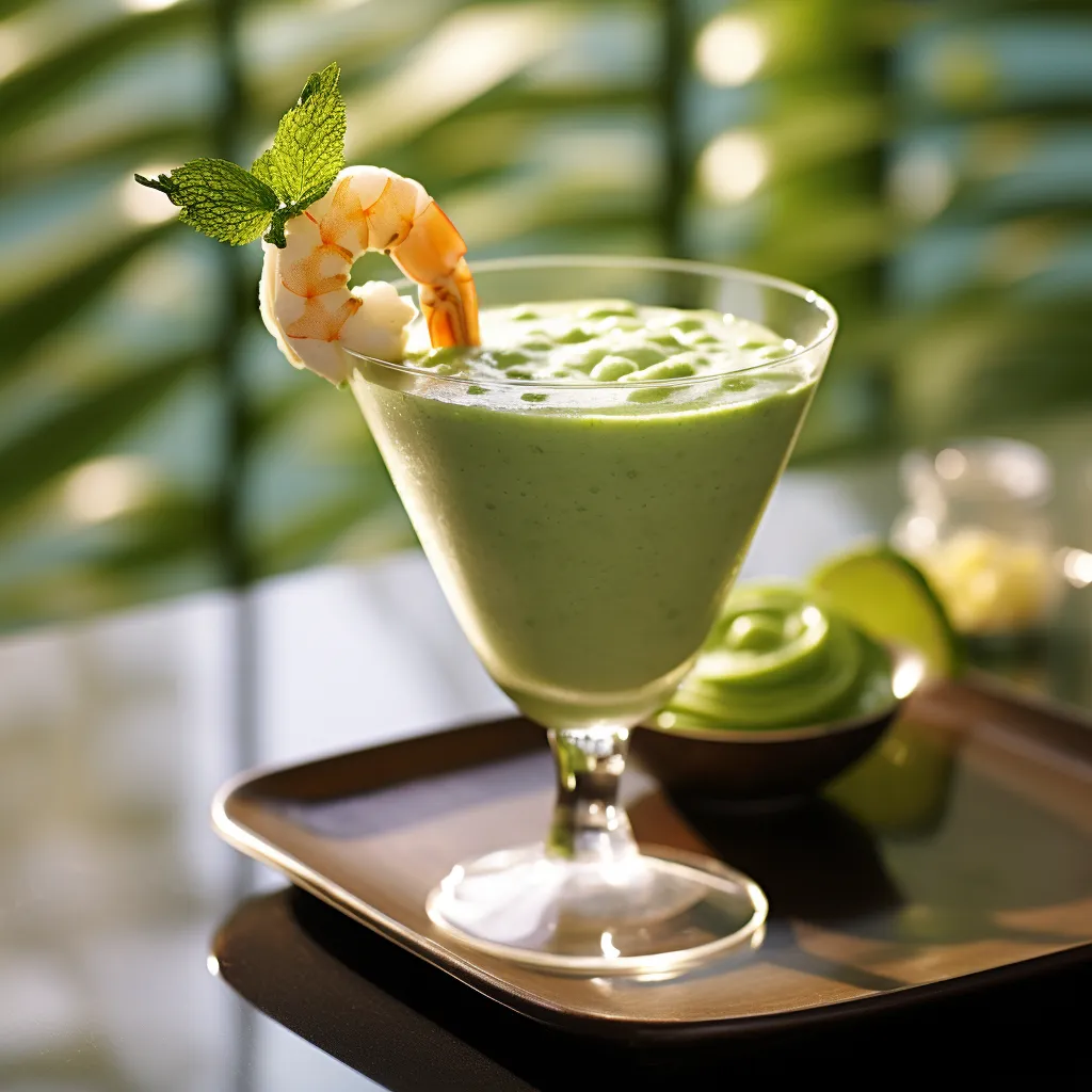 The smoothie has a beautiful, bright green color that pops against the clear glass it's served in. A delicate skewer of grilled shrimp rests atop the glass, accentuating the seafood component. The rim is garnished with a thick slice of green apple, providing a pop of textural interest.