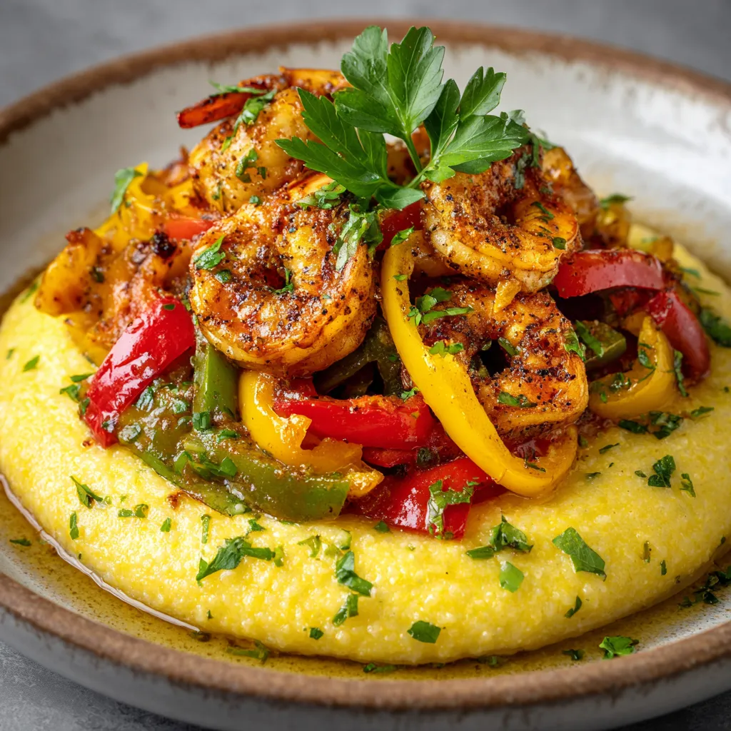 A plate presenting a generous dollop of creamy yellow polenta as a base, studded with flecks of green herbs. On top, nestle a colourful tumble of sautéed peppers in hues of red, yellow, and green, and beautifully golden, Cajun-spiced shrimp. A sprig of fresh parsley adorns the vibrant mound, while a light drizzle of olive oil lends a slight sheen to the dish.
