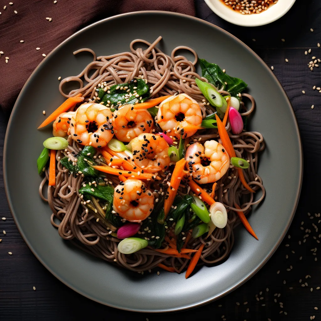 A plate laid back-dropped by a warm hue fills with a mound of glossy soba noodles, flecked with vibrant greens of bok choy, orange pops of carrots, deep pink sparkling of shrimp, and delicate dusting of pleasantly contrasting black sesame seeds.
