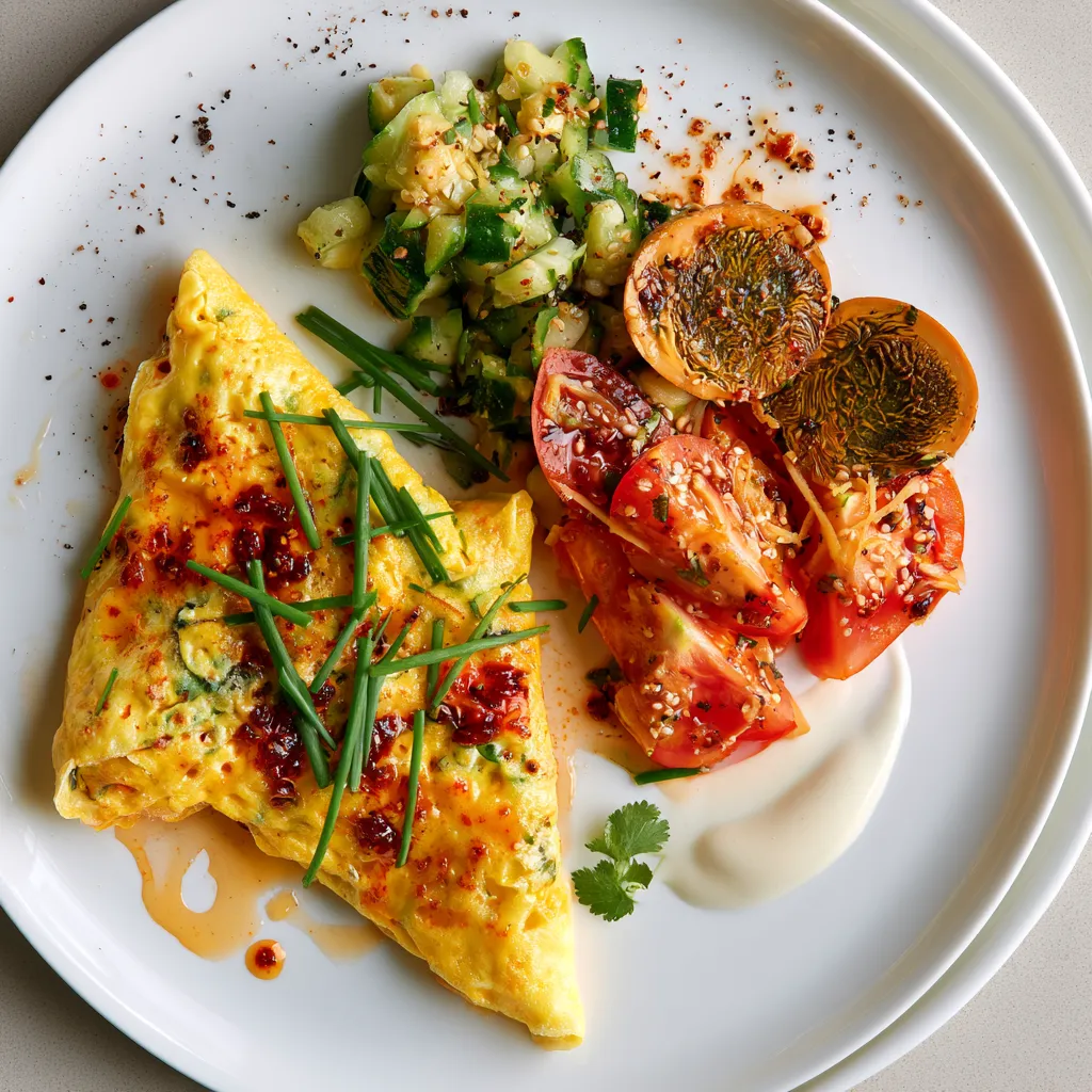 From above, two soft golden egg crepes are folded into loose quarters on wide white plates, draped with glossy chili crisp and scattered with bright green chive batons. Beside them sits a tangle of smashed cucumber and jewel-toned tomato wedges glistening with sesame and ginger. Halved marbled tea eggs add dramatic pattern, while a pale swoosh of soy yogurt and tiny cilantro leaves create a fresh, editorial finish.