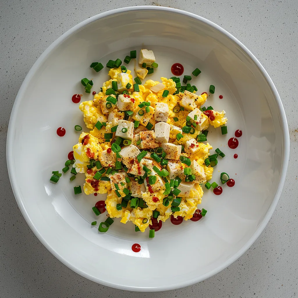 The dish forms an array of colors against the stark white, round plate: the golden yellow of the scrambled eggs and creamy white specks of soft tofu blending harmoniously. The vibrant green sprinkle of scallions, along with ruby drops of spicy chili oil add a hint of excitement.
