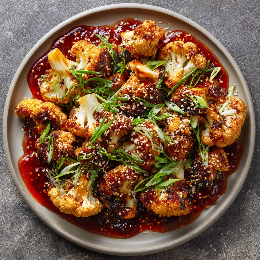 A gorgeous platter of caramelized, lightly charred cauliflower florets sit atop a vibrant red Szechuan sauce. A sprinkle of sesame seeds and slivers of scallion crown this inviting dish, evoking warmth against the backdrop of a crisp day.