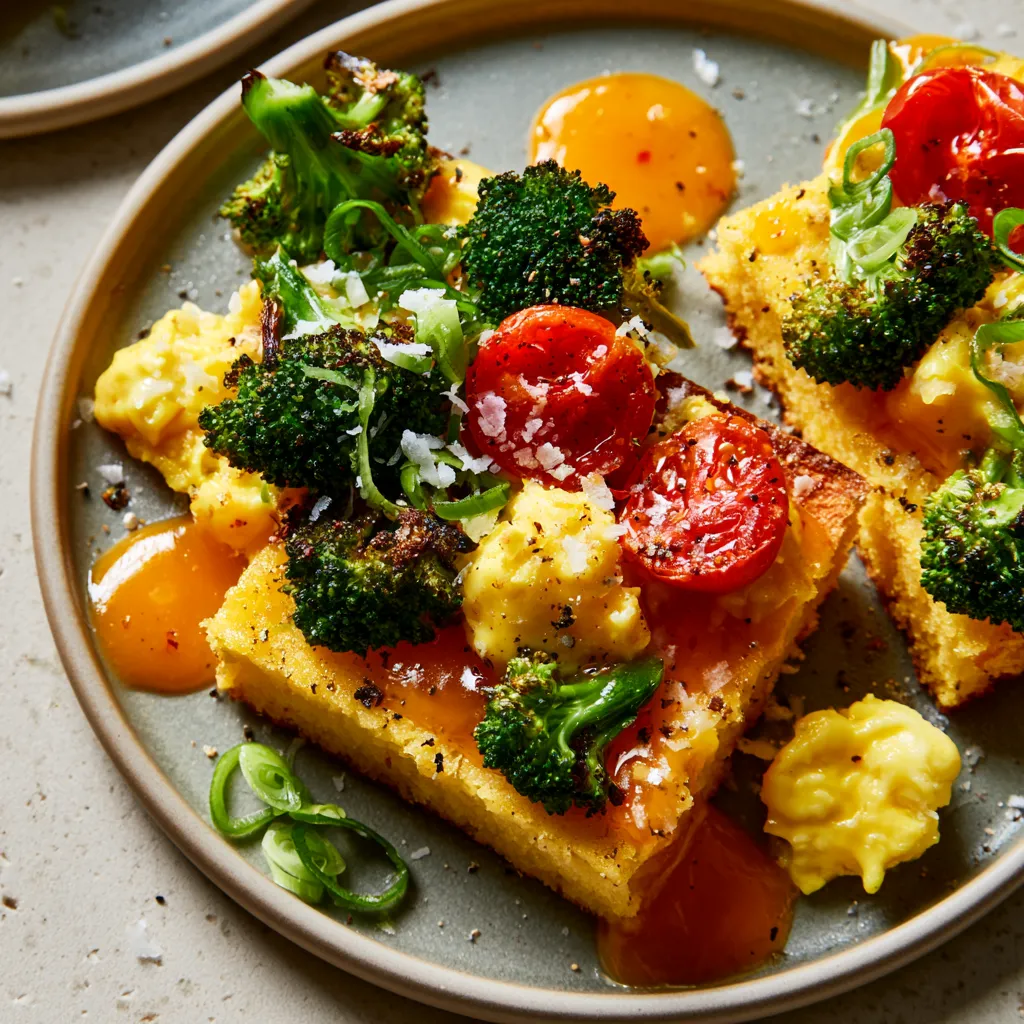 From above, two golden cornbread squares sit on matte plates, topped with vivid green charred broccoli, fluffy yellow eggs, blistered red tomato halves, and a glossy peach-orange drizzle, finished with scallion curls, flaky salt, and black pepper for a bright, elegant contrast.