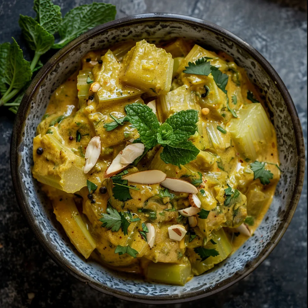 An inviting bowl filled with delicate celery pieces coated in a creamy, light-yellow curry, highlighted with flecks of green from the coriander leaves and chili, and a sprinkling of almond slivers on top. The dish garnished with a mint leaf resting artfully on the side.