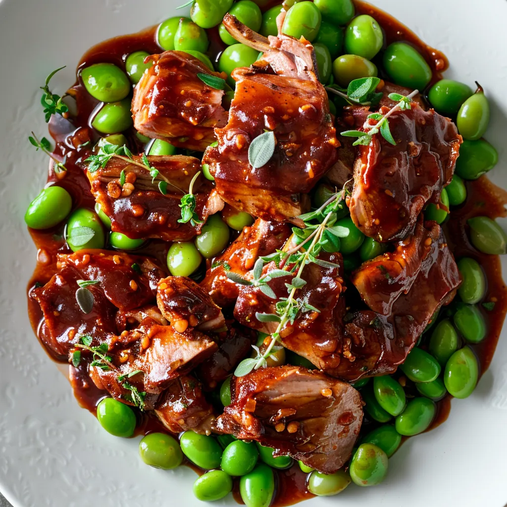 Golden-brown morsels of slow-cooked pork are speckled with vibrant, green fava beans, all drowned in a shiny, richly-colored hickory BBQ sauce. The dish is set on a rustic white plate, garnished with a few sprigs of fresh thyme for a pop of color.