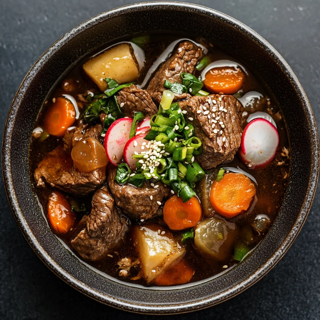 A deep earth-toned bowl is filled with chunky, hearty stew. Colourful radishes, carrots, and verdant shreds of spring onions float amidst tender, glossy pieces of beef, shiitake mushrooms, and steaming broth. A smidgen of white sesame seeds sprinkled on top add to the visual feast.