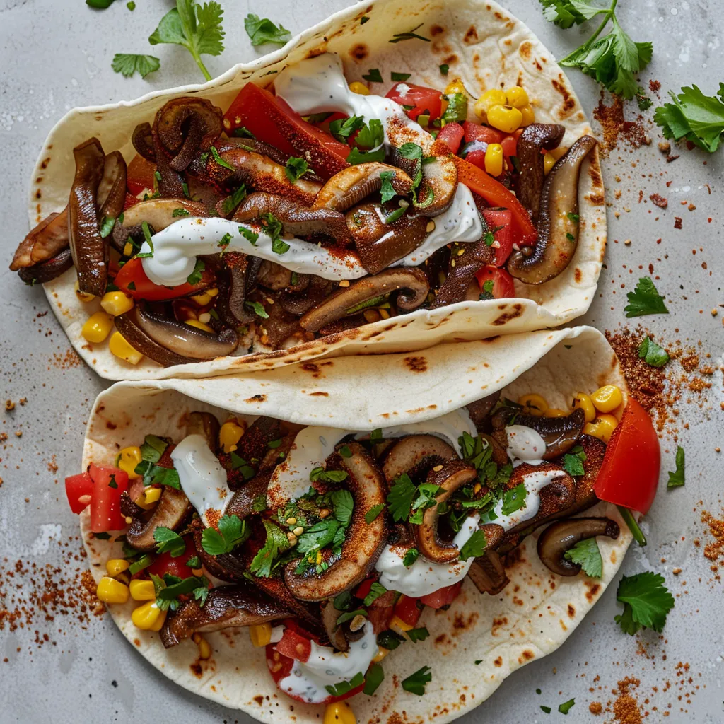 Earthy browned shiitake strips peeking out from soft corn tortillas. Vivid red, orange, and green from diced tomatoes, corn, and cilantro top the taco. Creamy white dollops of Greek yogurt are garnished with a fine dusting of spices.