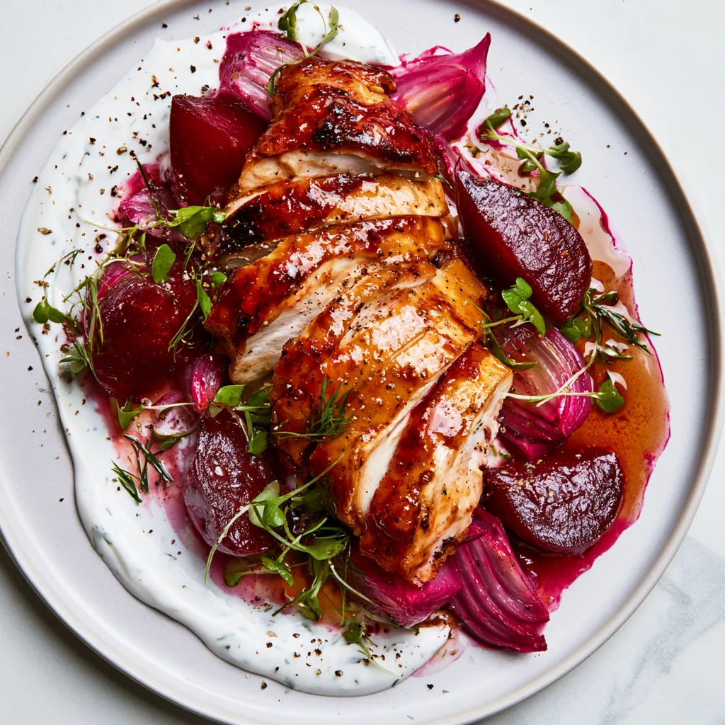 From above, sliced glazed chicken fans over deep magenta beet wedges and onions, with white dill yogurt swooshed across the plate, scattered microgreens, cracked pepper, and a glossy cider-beet sauce pooling around everything.