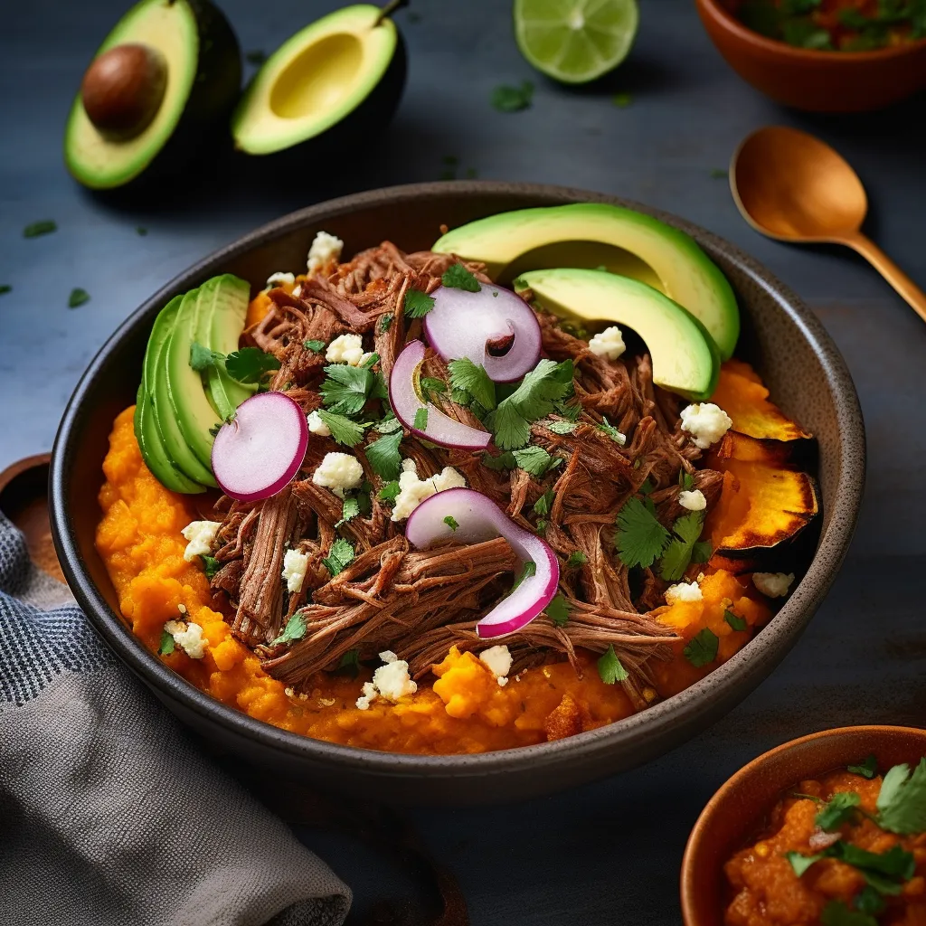 The beef barbacoa is shredded and placed on top of the sweet potato puree, topped with marinated onions and avocado. The colors are vibrant and the dish looks comforting yet refined.