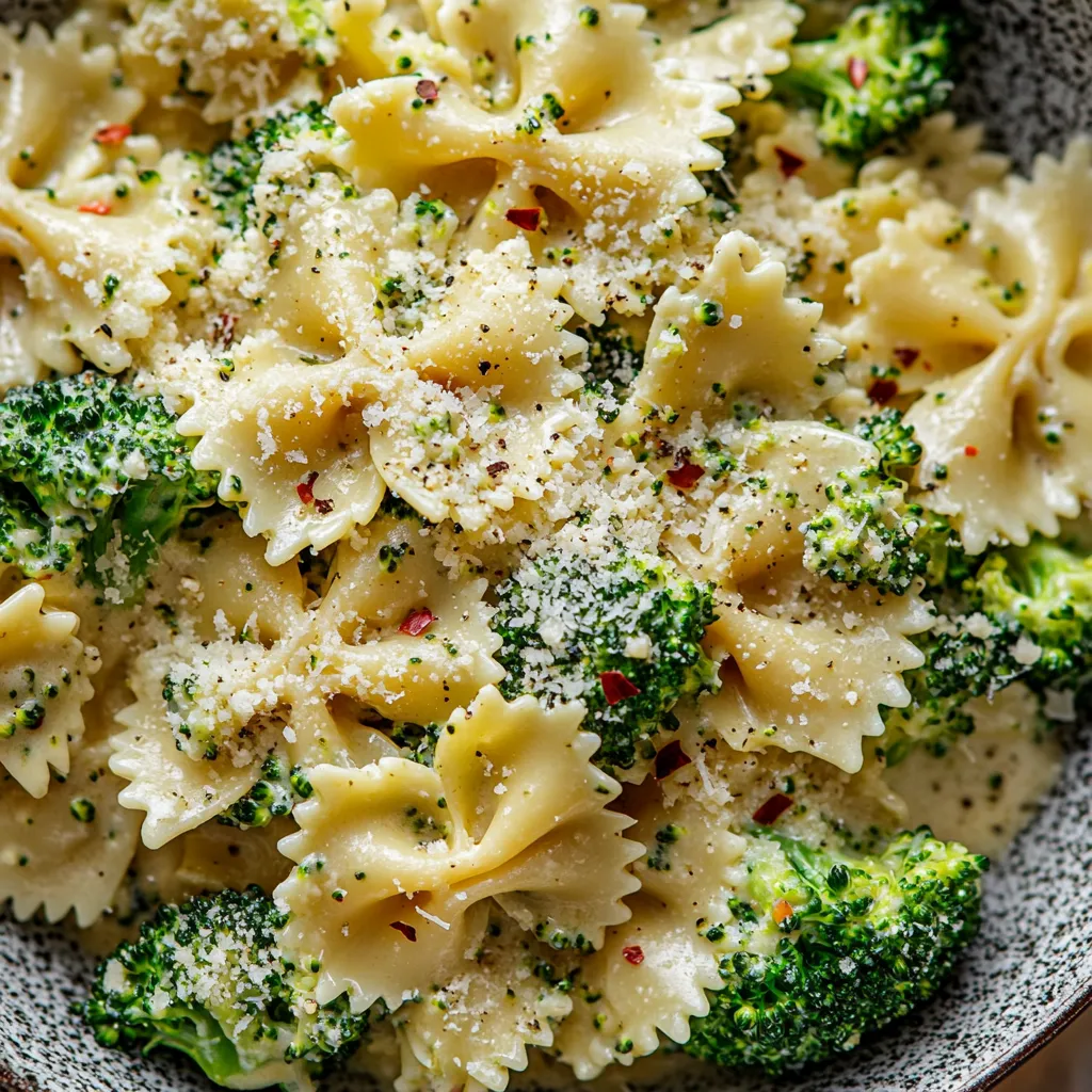 A beautiful contrast of vibrant green broccoli florets, creamy white Parmesan sauce, and the charming bow-tie shape of farfalle pasta. Topped with a sprinkle of chili flakes and grated Parmesan, the dish appears warm, inviting, yet delicate.