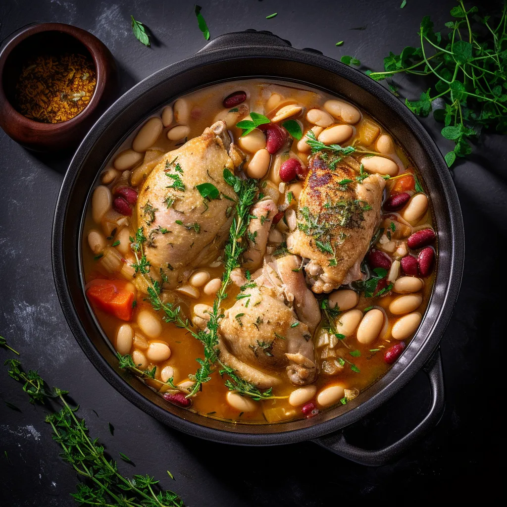 A hearty and colorful stew with tender chicken and white beans, sprinkled with fresh herbs.