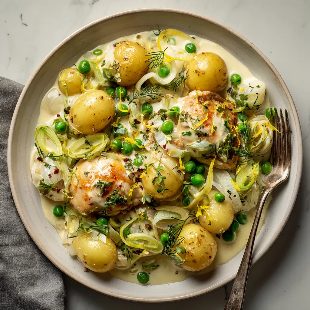 From above, a shallow platter filled with golden chicken nestled among glossy baby potatoes, pale green leeks, fennel ribbons, and bright peas in a silky ivory sauce, finished with scattered tarragon leaves, lemon zest, cracked pepper, and a drizzle of olive oil.