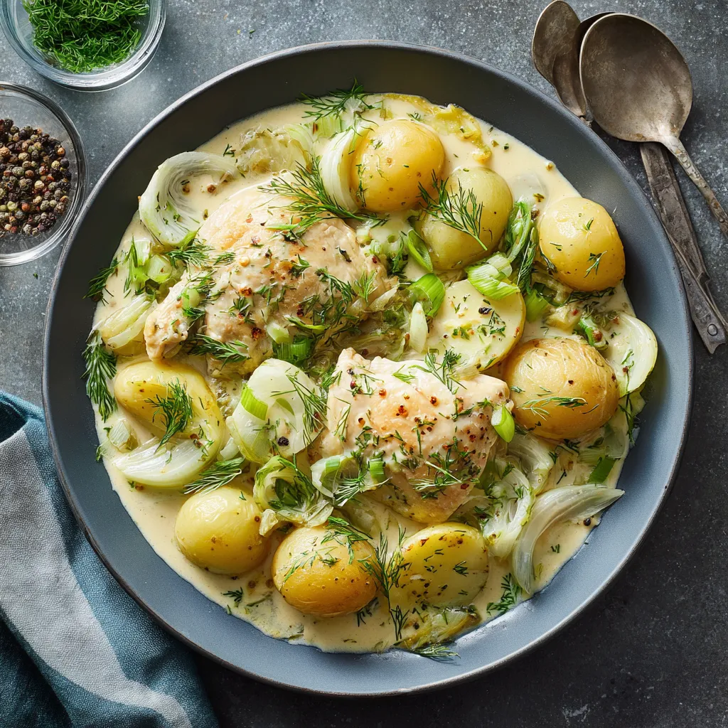 From above, a shallow platter of golden chicken nestled among halved baby potatoes, pale green leeks, and soft fennel in a glossy ivory sauce, finished with feathery dill, lemon zest, cracked pepper, and a drizzle of olive oil.