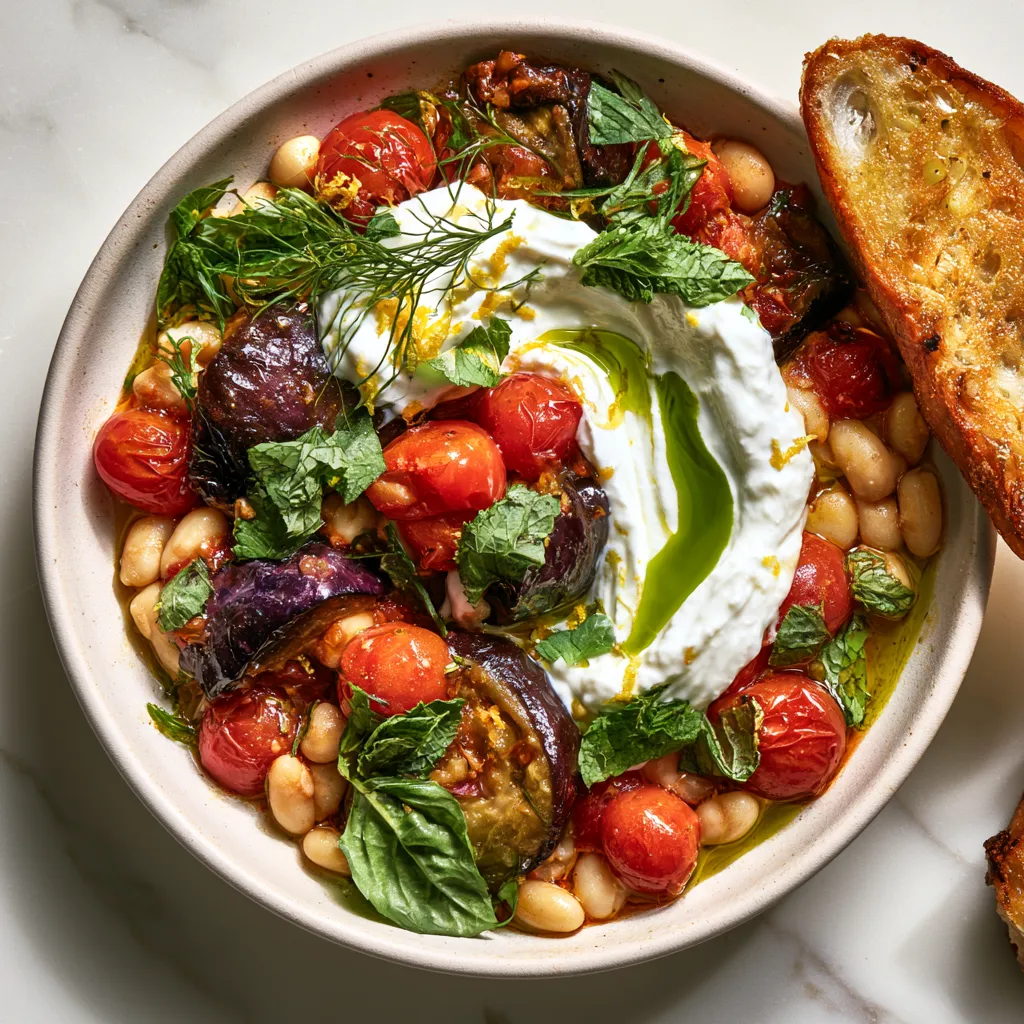 From above, a shallow bowl of glossy aubergine-purple eggplant and ruby cherry tomatoes nestled among creamy white beans, topped with a swoosh of white whipped ricotta, torn basil and mint, fennel fronds, lemon zest, and a drizzle of emerald olive oil, with toasted bread angled alongside.