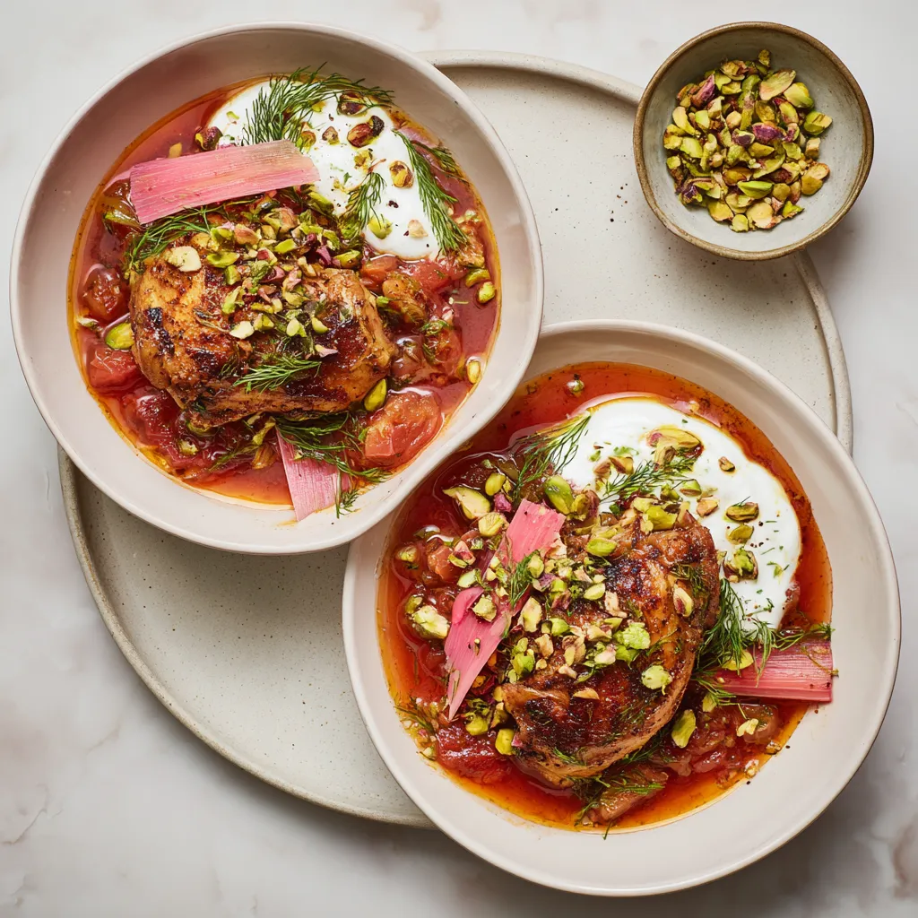From above, two shallow bowls hold burnished chicken nestled in a ruby tomato-rhubarb sauce, swirled with clouds of whipped feta, scattered with chopped dill and mint, pistachios, and thin ribbons of pink rhubarb, with glossy olive oil pooling at the edges.