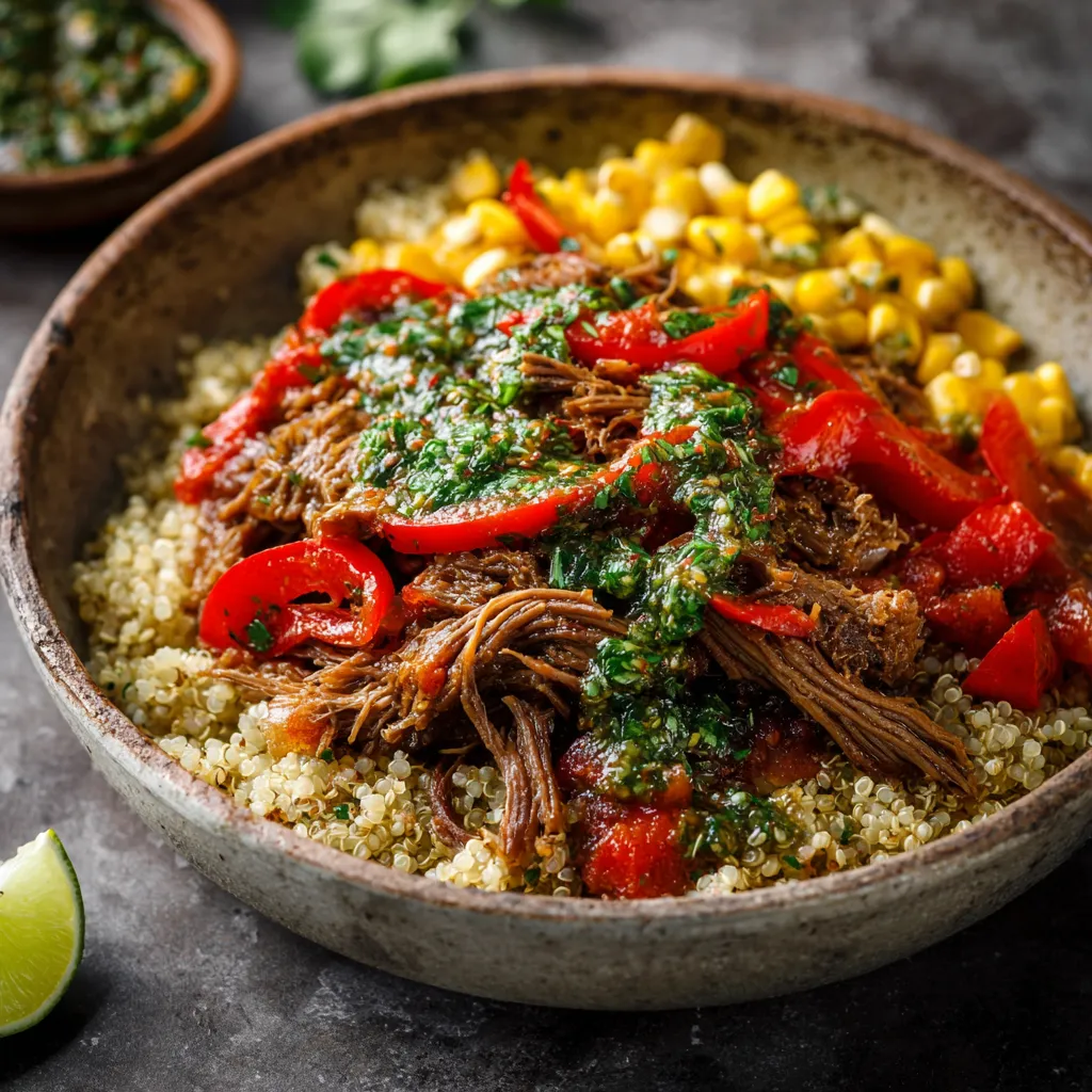 A rustic bowl filled with mouthwatering tender shredded beef sitting atop a bed of quinoa. The deep amber of the beef contrasts beautifully with flecks of vibrant green parsley. Bright red julienned bell peppers and nuggets of golden corn scatter around, topped with a generous drizzle of warm salsa verde. A quartered lime sits at the edge, ready to be squeezed just before the first bite.
