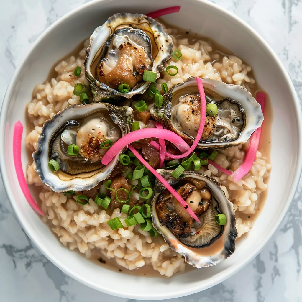 Picture a pristine white bowl, holding a cascade of nutty brown shiitake risotto. Atop the risotto rest four beautiful oysters gently simmered to perfection in miso broth, garnished with a sprinkle of vivid green sliced scallions and a delicate accent of pink pickled ginger.
