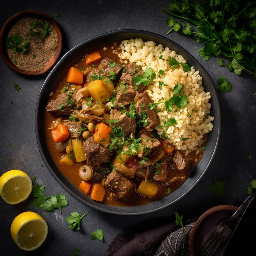 A thick stew filled with tender chunks of lamb, sweet potatoes and eggplant, garnished with fresh cilantro and served with a side of fluffy couscous and lemon wedges on a decorative platter