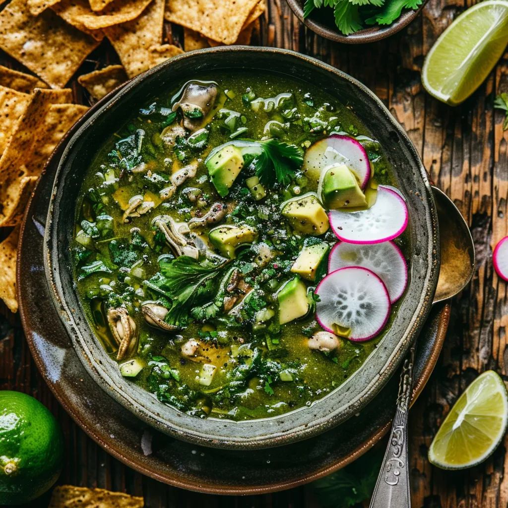 A deep bowl filled to the brim with vibrant green soup, speckled with oysters and garnished with radish slices, avocado and coriander. The bowl is surrounded by tortilla chips and lime wedges, the colors pop against a rustic wooden background.