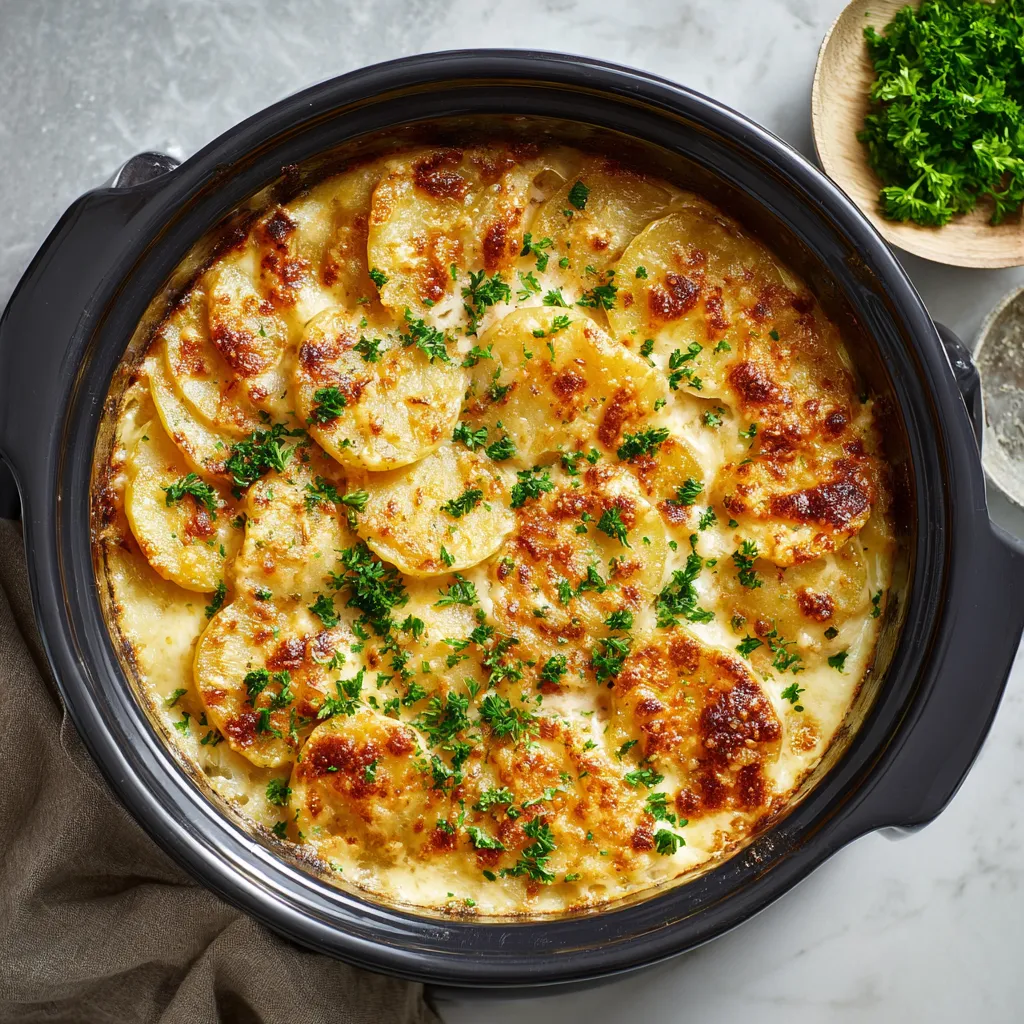 Creamy mixture of thinly sliced parsnips peaking through a golden-brown, bubbling cheese surface. Sprinkled on top are flecks of fresh green parsley, providing a stunning color contrast.
