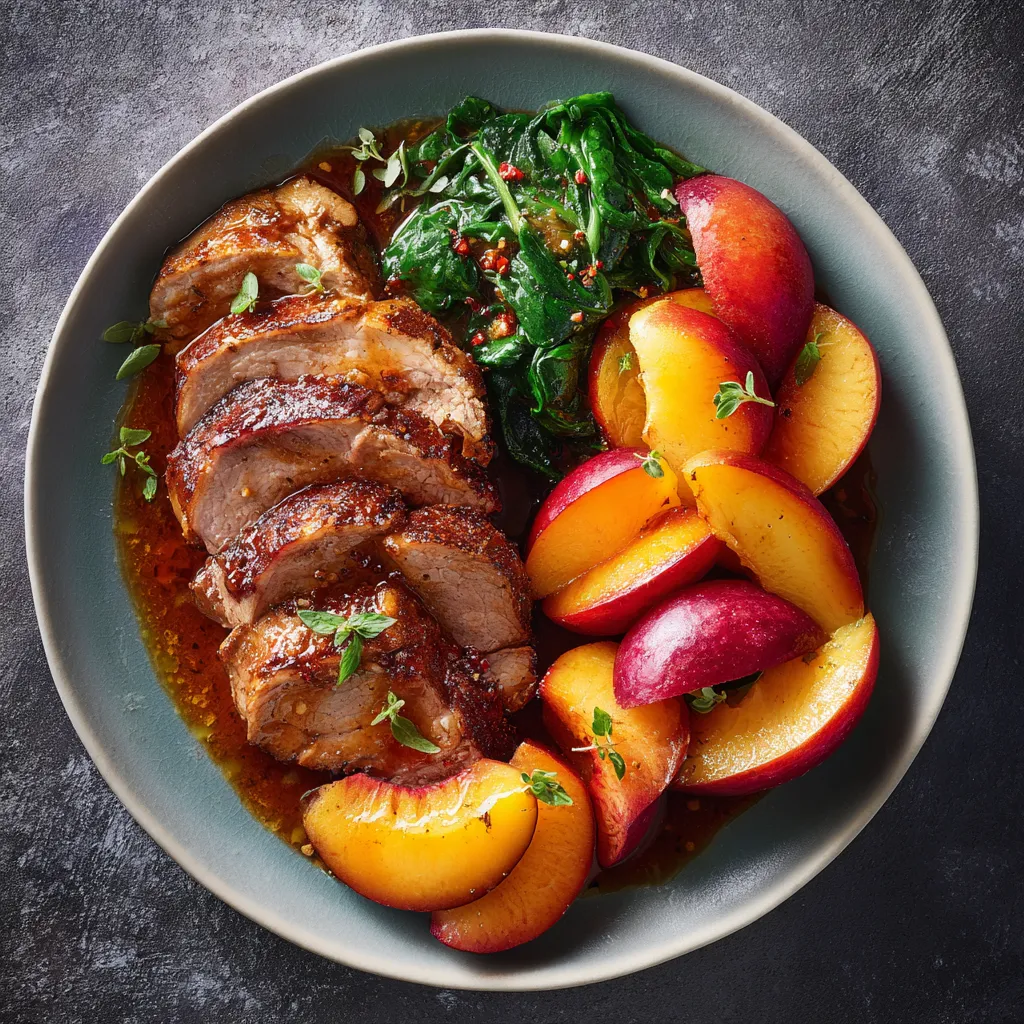 Serving plate featuring slice of tender, browned pork on one side radiating with slow caramelized peach slices in deep orange and blush pink hues. Vibrant specks of spices and herbs are scattered atop for color contrast. A pop of green, perhaps a side of sautΓ©ed spinach, fills the remaining space.