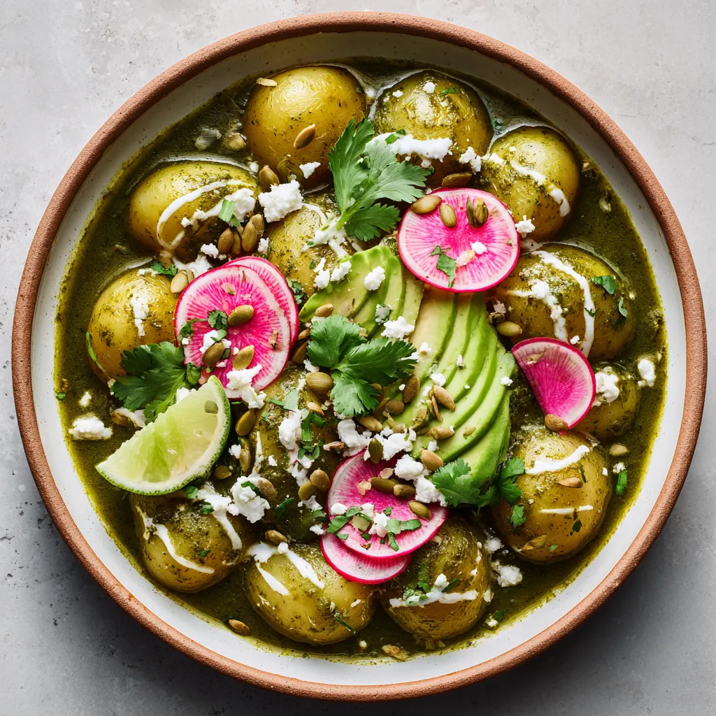 From above, a shallow bowl of glossy green-sauced baby potatoes topped with fanned pink radish slices, avocado crescents, cilantro leaves, crumbled cheese, and lime wedges, with a swirl of crema and scattered pepitas for texture.