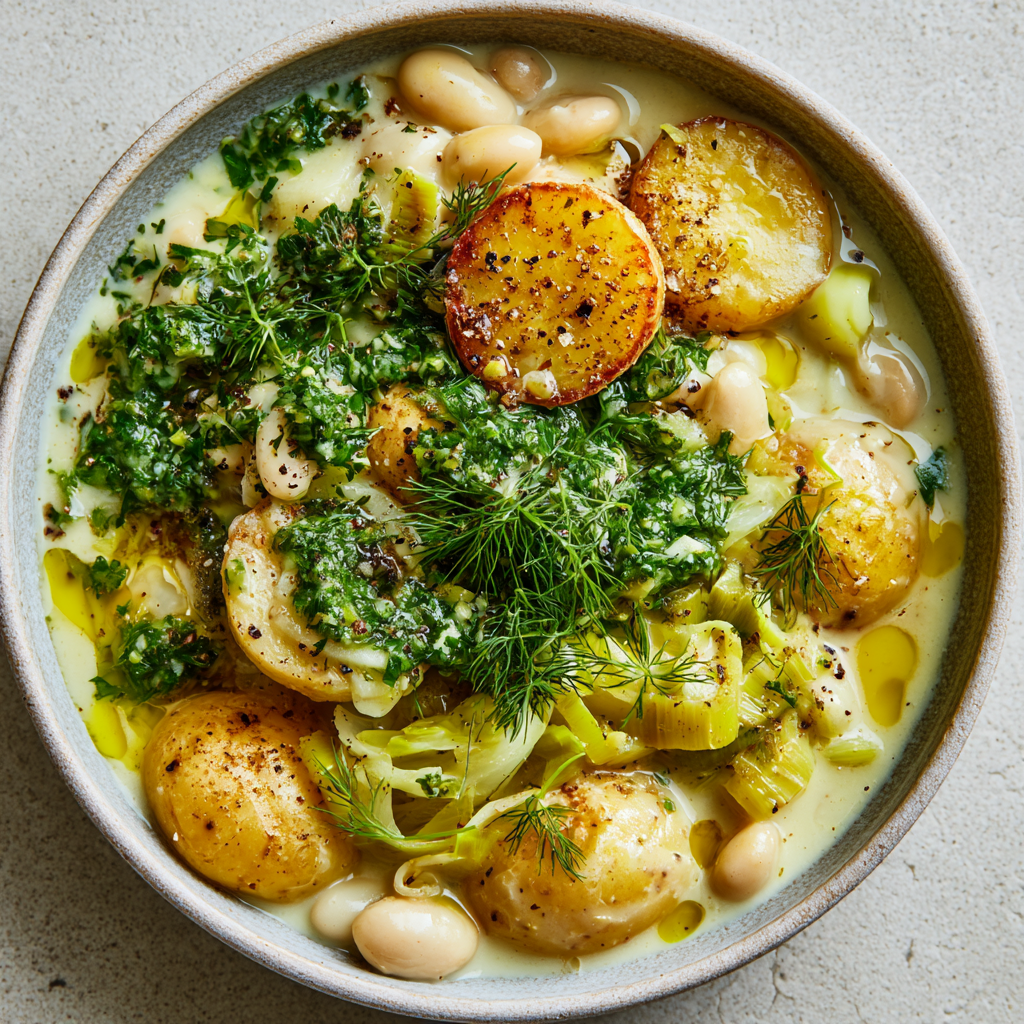 Slow Cooker Potatoes with Leeks, Fennel & White Beans in Mustard Cream