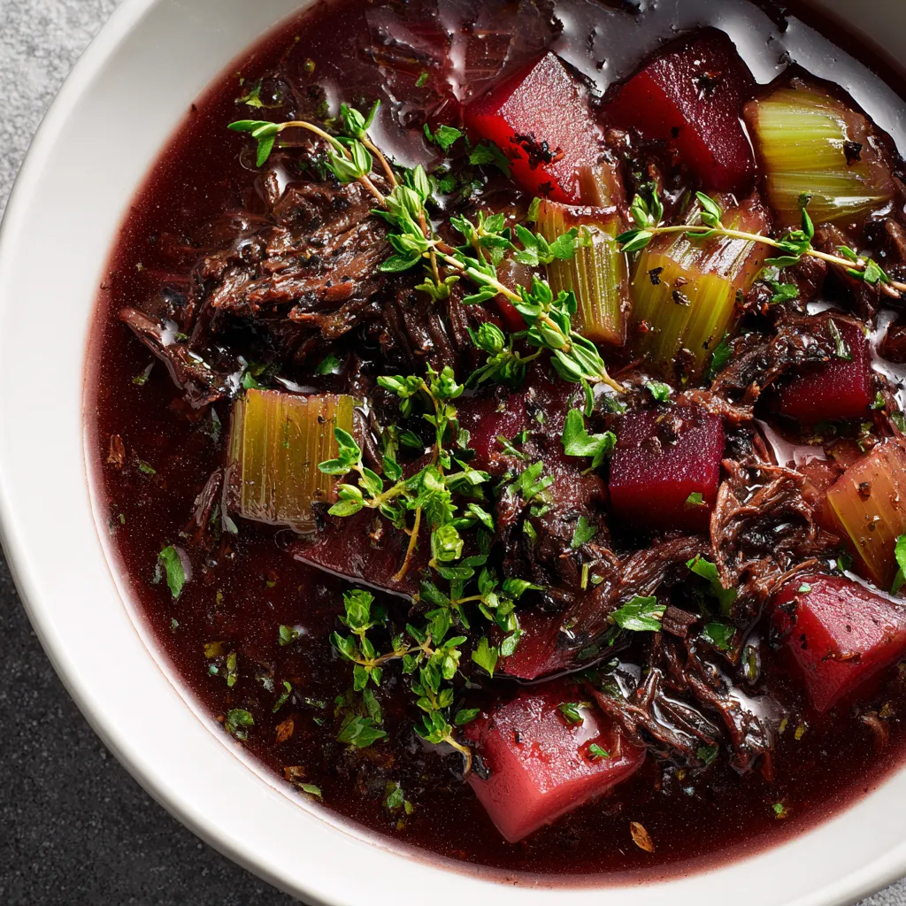 A large white bowl brimming with thick, deep burgundy broth. Specks of chopped fresh thyme leaves float on the surface, amidst chunks of glistening celery and meltingly tender beef. A sprinkle of chopped fresh parsley provides a vibrant contrast.