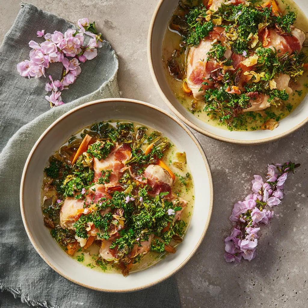 Two deep bowls filled with smoked-pink Sakura chicken under a garnish of vibrant green finely chopped parsley. The chicken and vegetables sit on top of a creamy, light broth. The dish is accented with fine blossom petals, which lend the dish its appeal and sophistication.