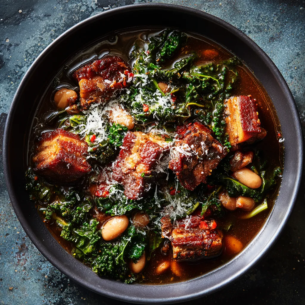 A rich, deep colored broth, speckled with hearty cuts of tender, smoky pork belly and brimming with vibrant, wilted kale. Heirloom beans scattered throughout add pops of color. It's topped off with a light dusting of finely grated Parmigiano Reggiano, adding an Instagram-worthy touch.