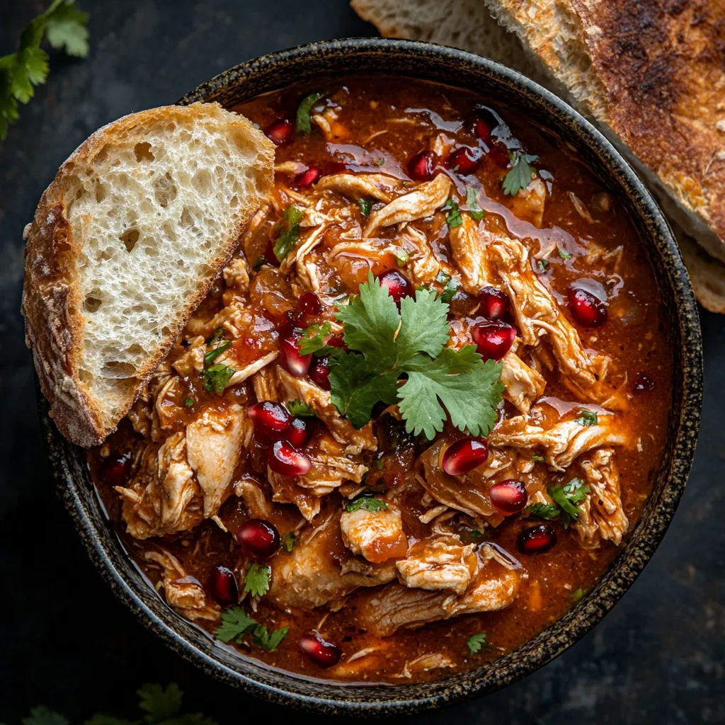 A bowl filled with tender, shredded chicken awash in a tomato-based sauce, speckled with pomegranate seeds. The dish is garnished with a sprig of fresh cilantro, and served with a slice of rustic bread.