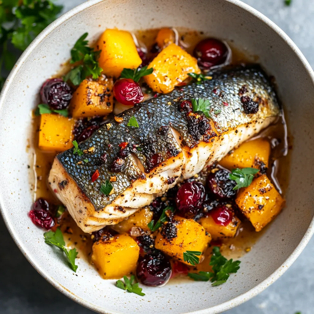 A rustic white bowl adorned with a dish rich in colorful contrasts: silvery hues of well-braised mackerel fillets glistening with a caramelized apple cider glaze, complemented with vibrant chunks of pumpkin and crimson cranberries. A sprinkle of fresh green parsley on top adds the final pop.